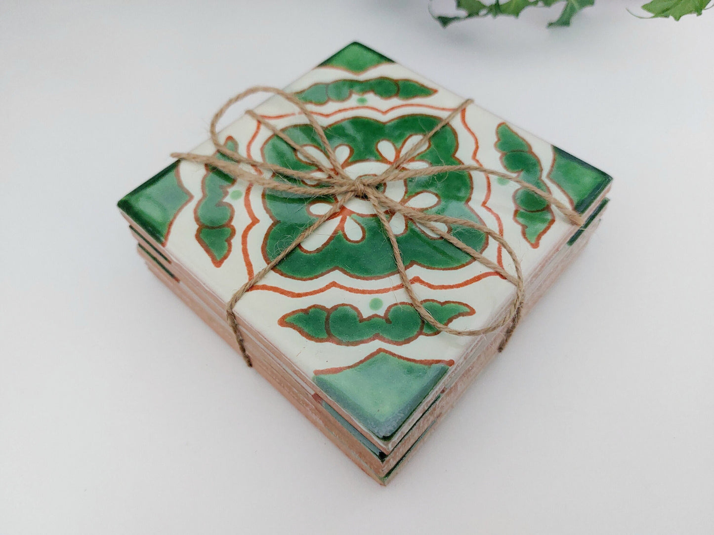 Green and Off-White Ceramic Coasters