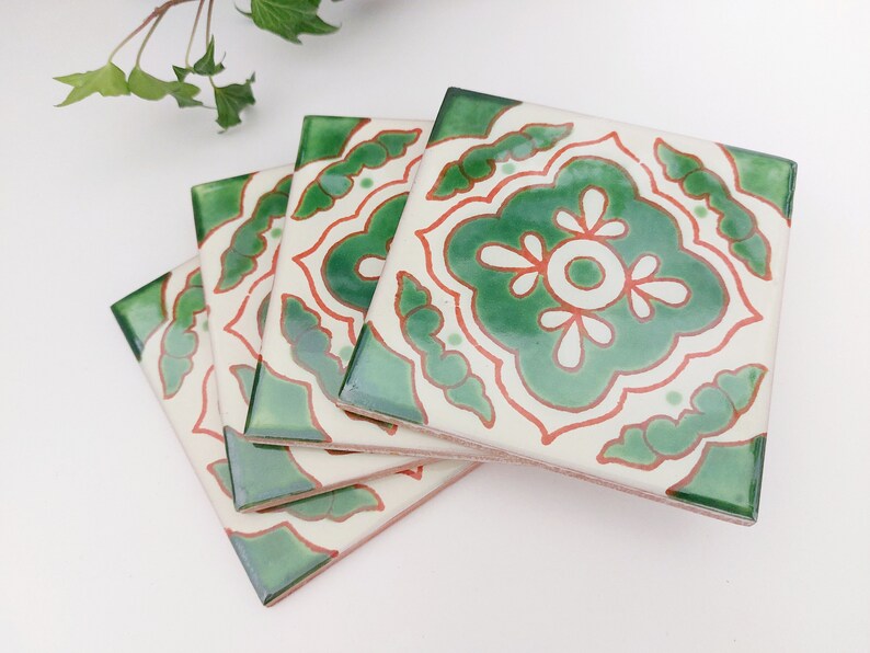 Green and Off-White Ceramic Coasters