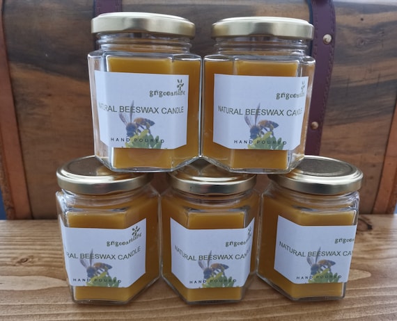 Beeswax Candle In a Hexagonal Clear Glass Jar With Gold Lid