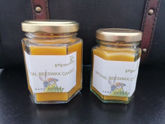 Beeswax Candle In a Hexagonal Clear Glass Jar With Gold Lid