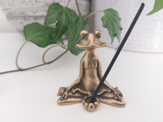 Antique Brass Meditate Frog Incense Stick & Cone Burner /Holder