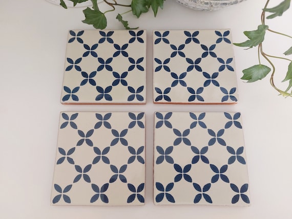 Ceramic Off White And Blue Coasters