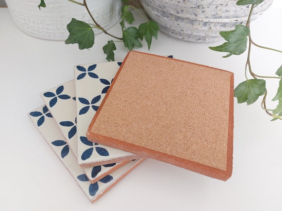 Ceramic Off White And Blue Coasters