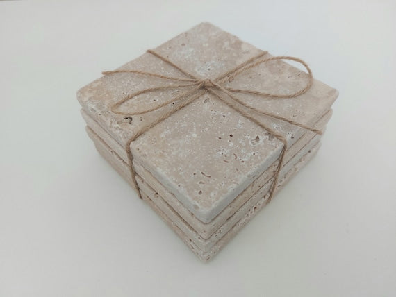 Rustic Tumbled Light Brown Natural Stone coasters set