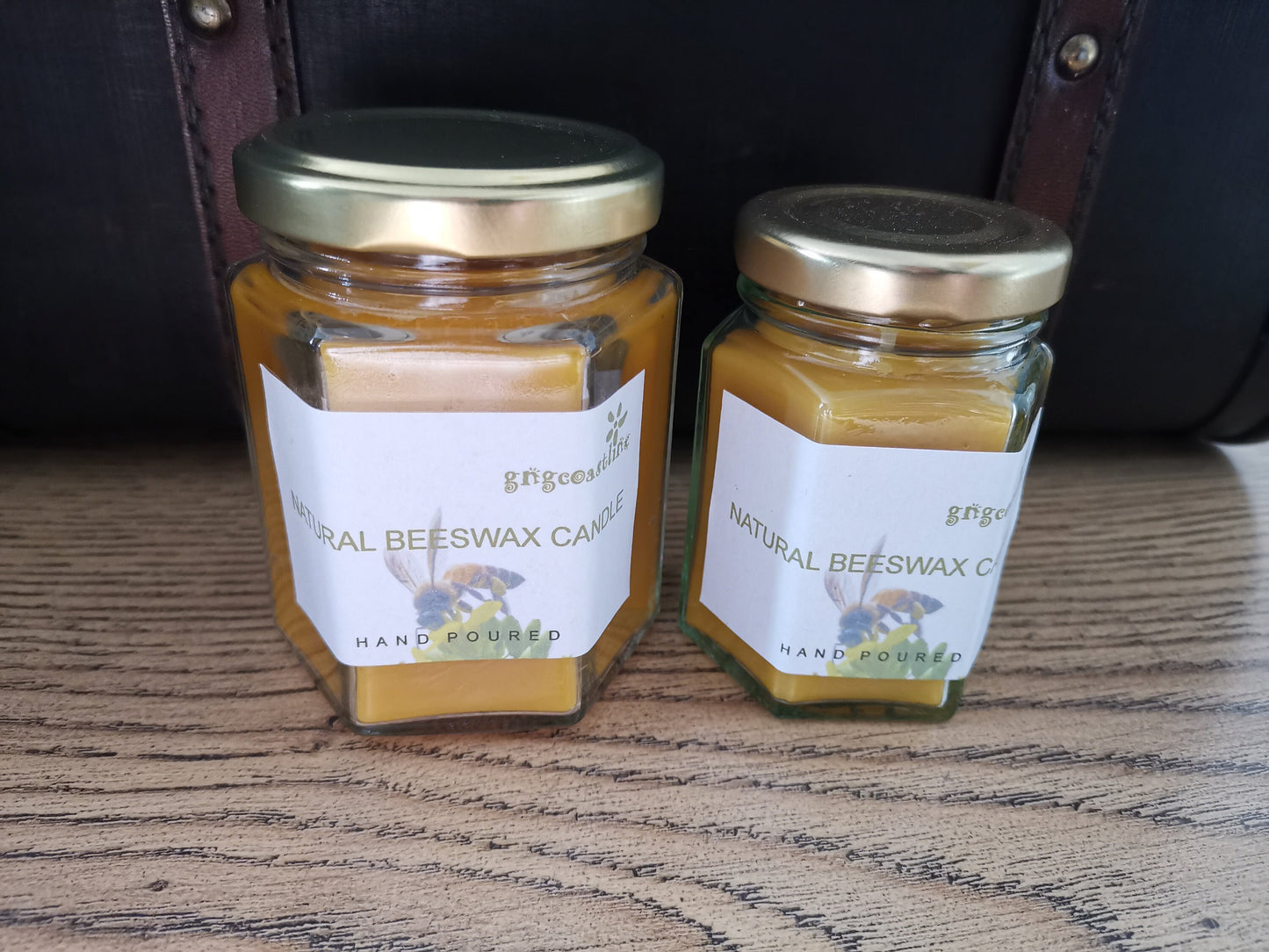 Beeswax Candle In a Hexagonal Clear Glass Jar With Gold Lid