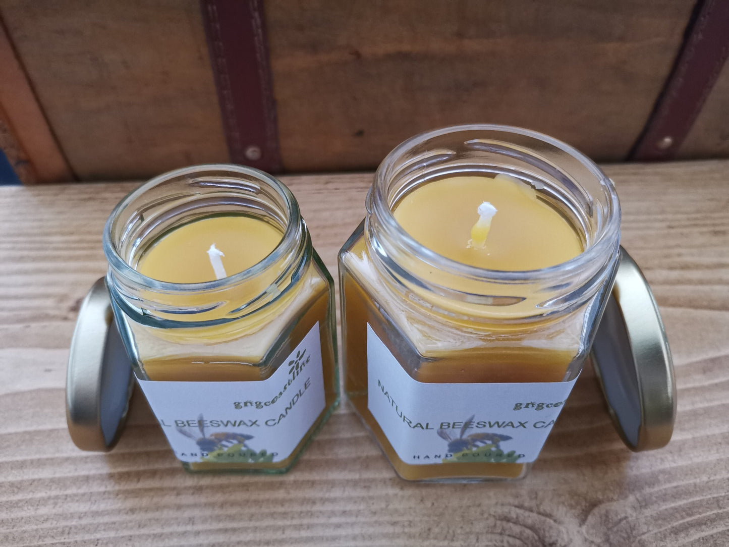 Beeswax Candle In a Hexagonal Clear Glass Jar With Gold Lid