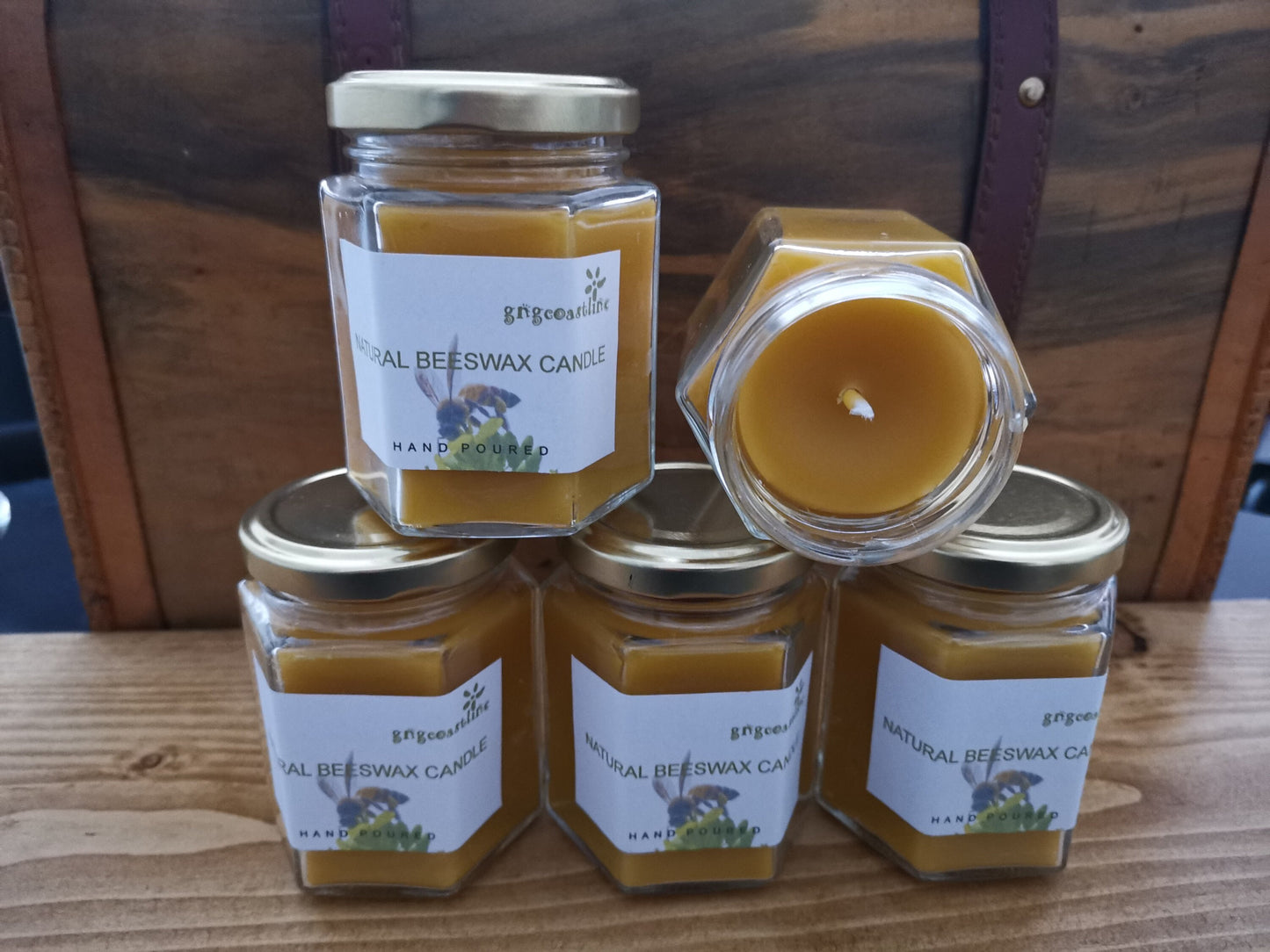 Beeswax Candle In a Hexagonal Clear Glass Jar With Gold Lid