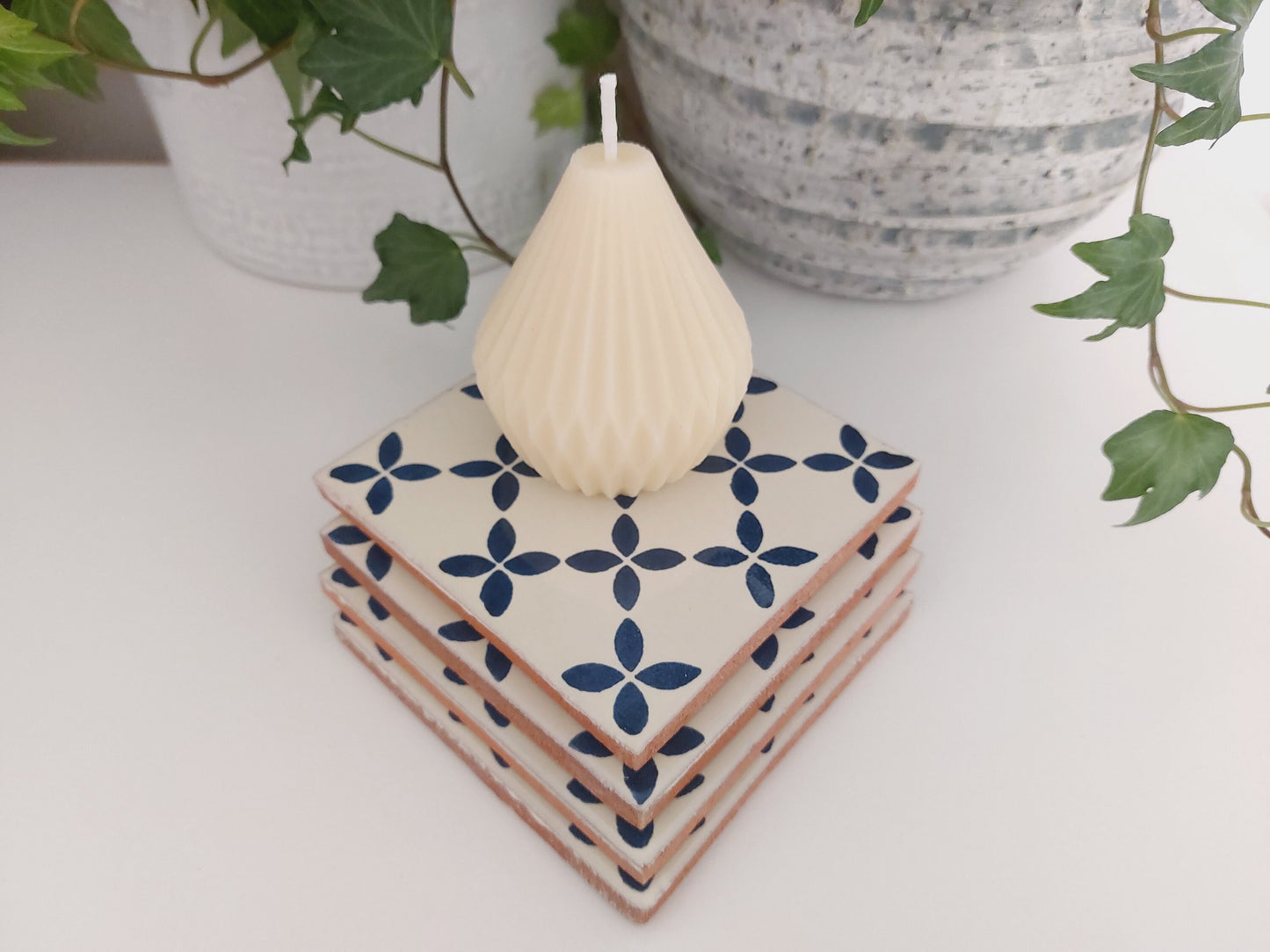 Ceramic Off White And Blue Coasters