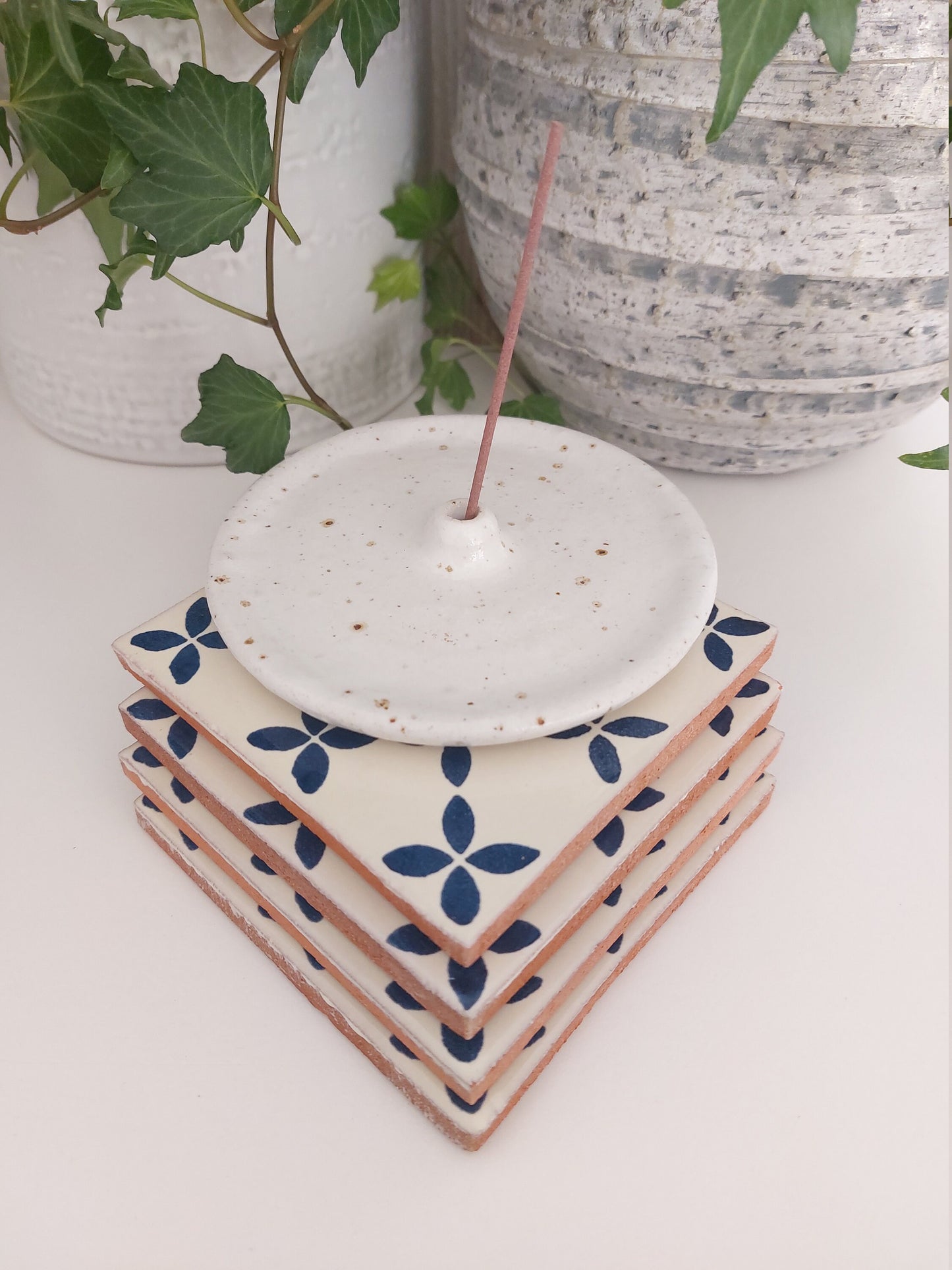 Ceramic Off White And Blue Coasters