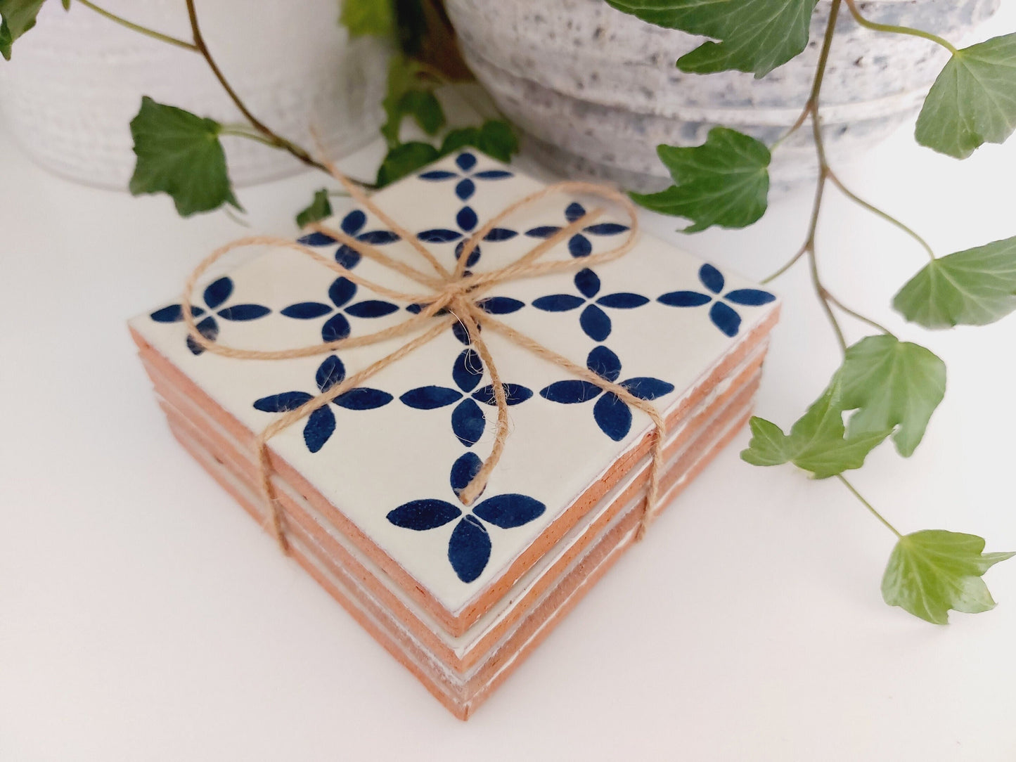 Ceramic Off White And Blue Coasters