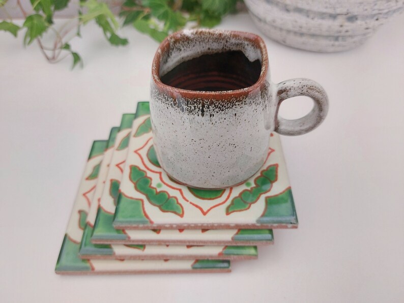 Green and Off-White Ceramic Coasters