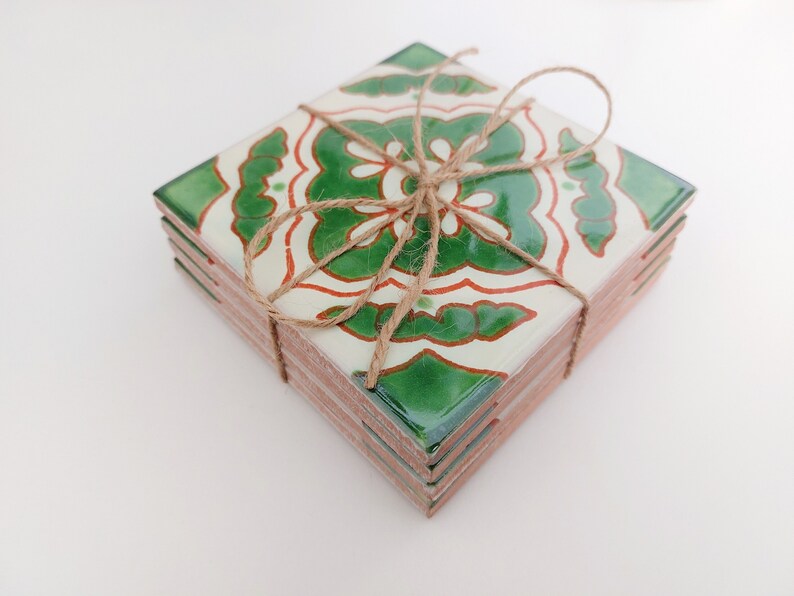 Green and Off-White Ceramic Coasters