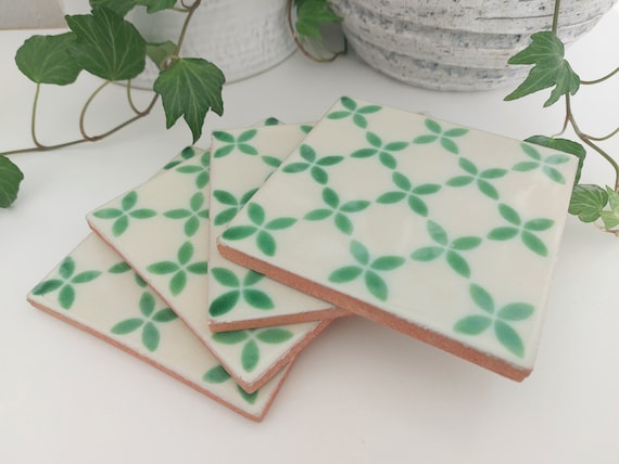 Ceramic Off White And Green Coasters
