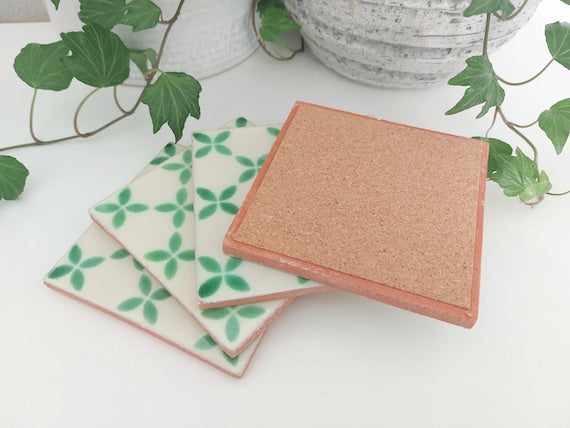 Ceramic Off White And Green Coasters