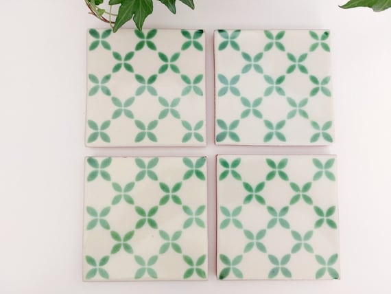 Ceramic Off White And Green Coasters