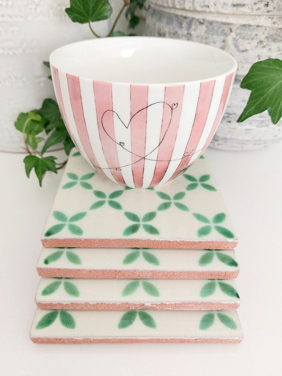 Ceramic Off White And Green Coasters