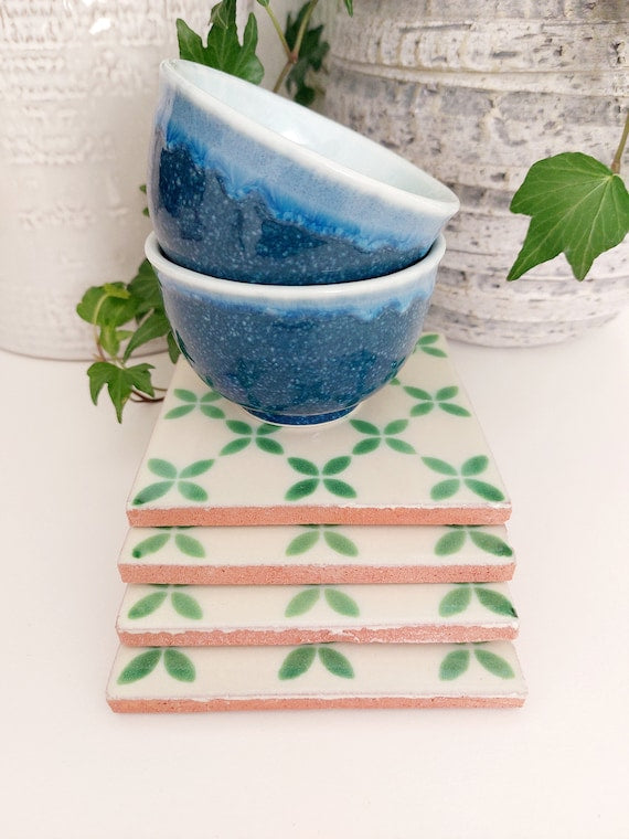 Ceramic Off White And Green Coasters