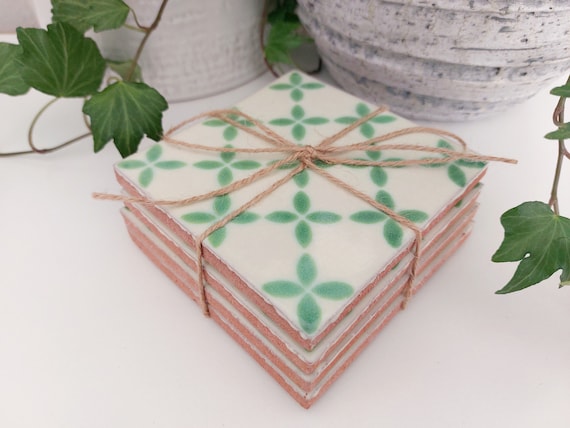 Ceramic Off White And Green Coasters