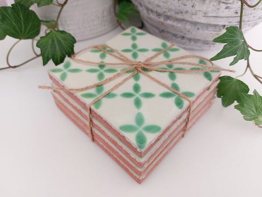Ceramic Off White And Green Coasters
