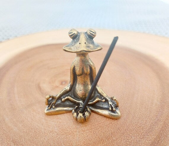 Antique Brass Meditate Frog Incense  Stick & Cone Burner /Holder