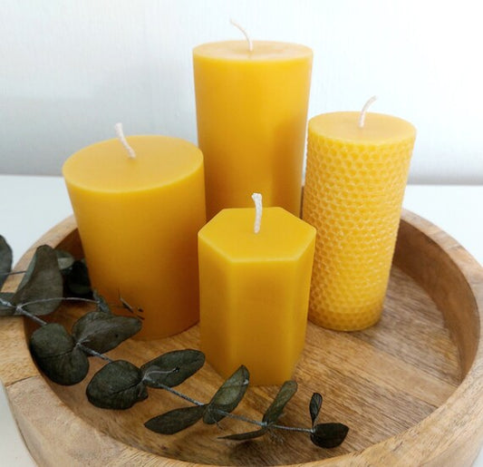 Yellow beeswax pillar candles : Smooth pillar / Honeycomb /Hexagon /Large smooth pillar