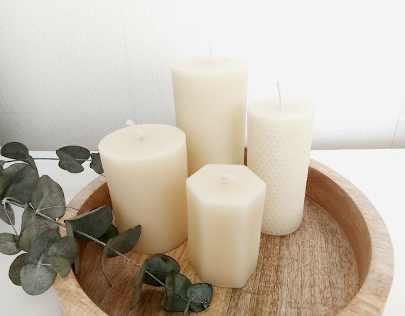 White beeswax pillar candles : Smooth pillar / Honeycomb /Hexagon /Large smooth pillar