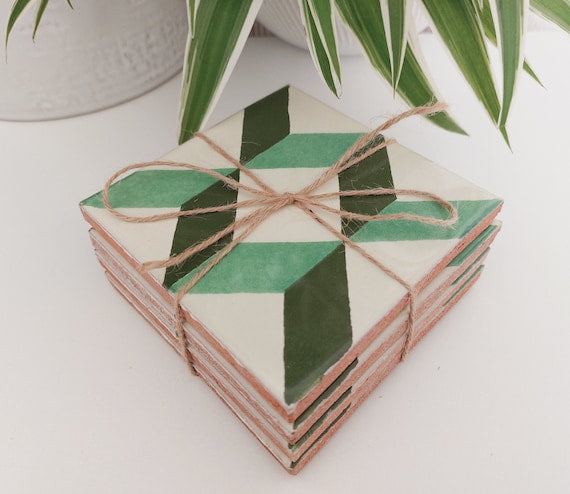 Ceramic Green Geometric Coasters