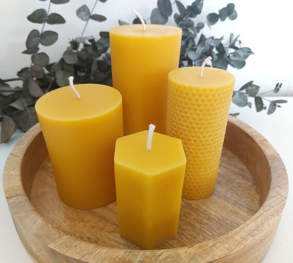 Yellow beeswax pillar candles : Smooth pillar / Honeycomb /Hexagon /Large smooth pillar