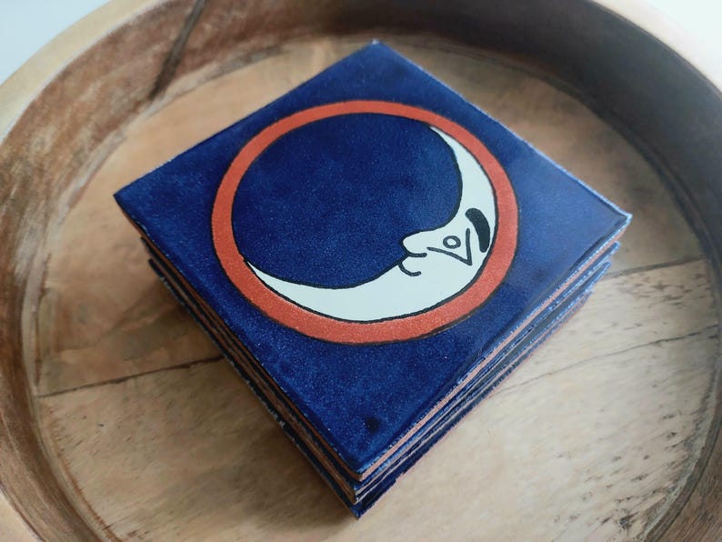 Ceramic Moon Design Blue Off White and Brown Coasters