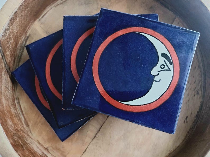 Ceramic Moon Design Blue Off White and Brown Coasters