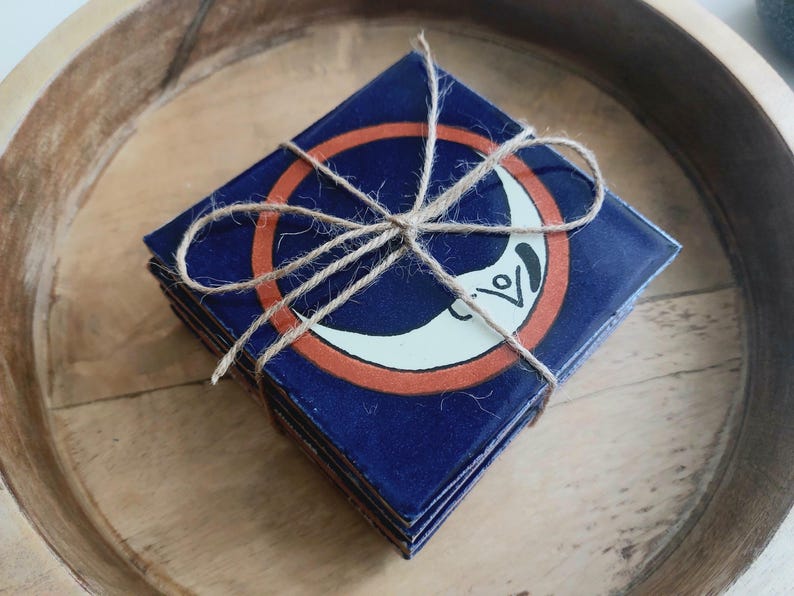 Ceramic Moon Design Blue Off White and Brown Coasters