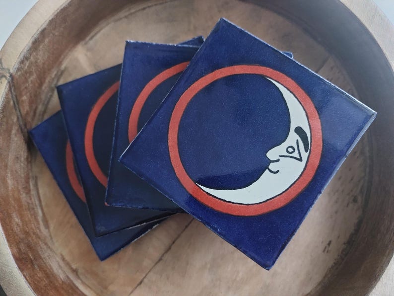 Ceramic Moon Design Blue Off White and Brown Coasters