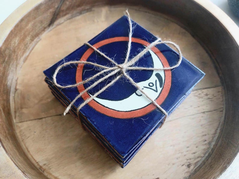 Ceramic Moon Design Blue Off White and Brown Coasters