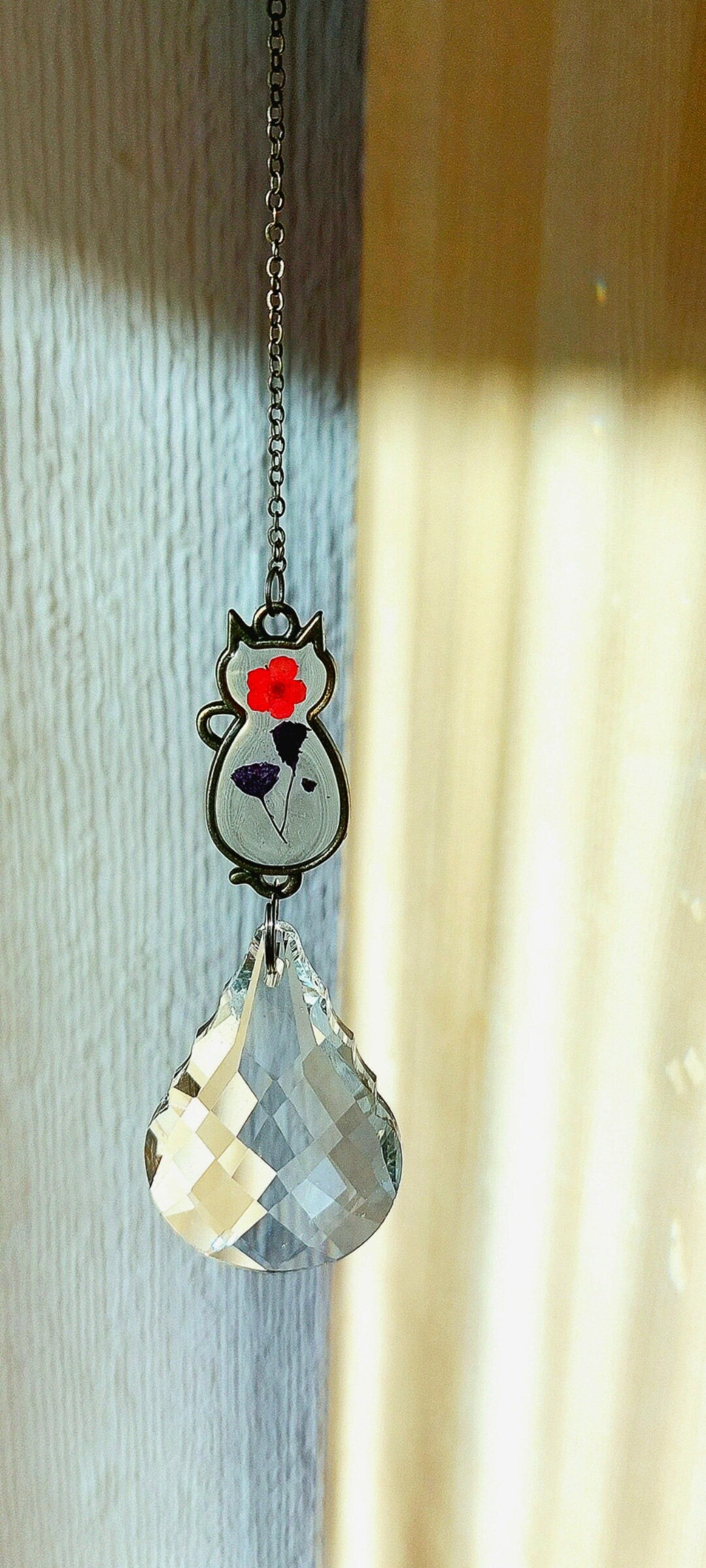 Cat Crystal Rainbow Maker Suncatcher With Real Pressed Flowers Inside