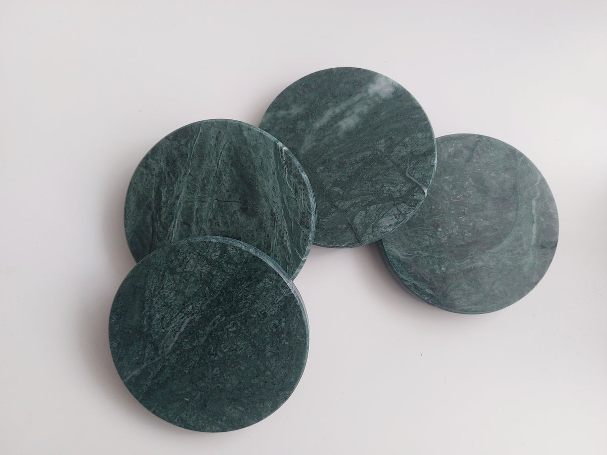 Round Smooth Natural Marble coasters set rich green
